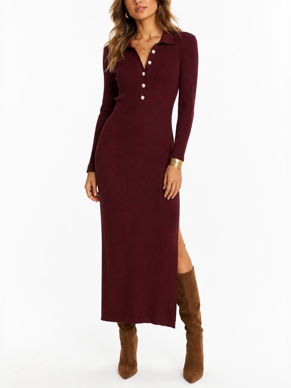 House of Harlow 1960 Ribbed Knit Polo Midi Dress M Pearl Button Deep Maroon Fall